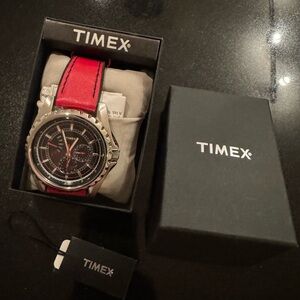 (NEW) TIMEX Retrograde Red Leather Multifunction Watch T2N1096K